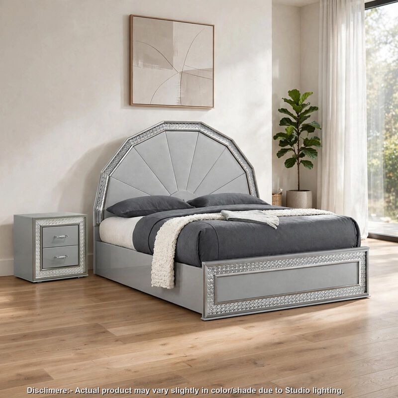 2pc King Bedroom Set, Metallic Gray, Silver Wood, Nightstand image number 1