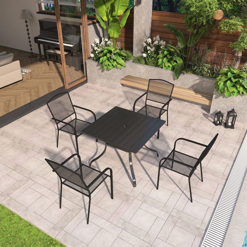 MONDAWE 5-Piece Sqare Steel Table And Steel Mesh Dining Chair Set With 4 Pcs Steel Mesh Dining Chairs, Black,Purchase Set Limited Time Get A Free Parasol(Random Styles&Colors)