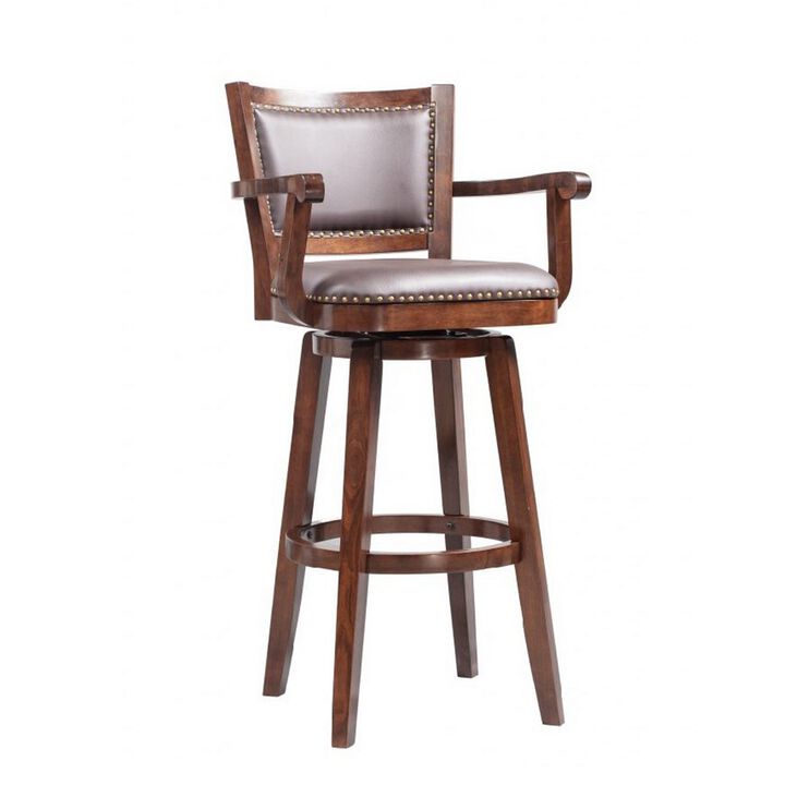 Nailhead Trim Faux Leather Upholstered Barstool with Wooden Arms, Dark Brown-Benzara