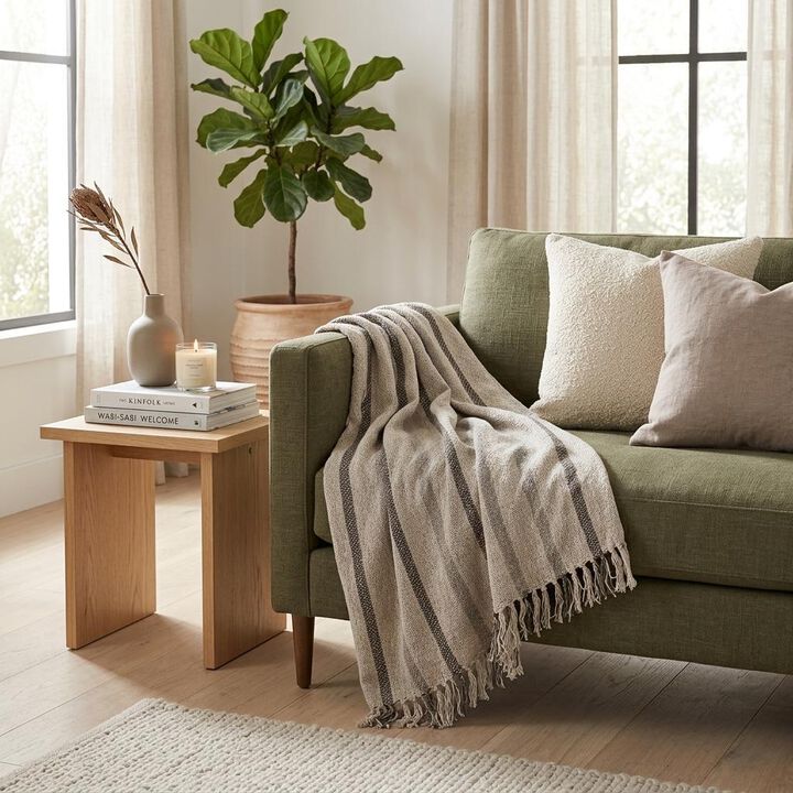 HomeRoots 67" X 52" Beige And Taupe Cotton Woven Striped Throw Blanket with Fringe