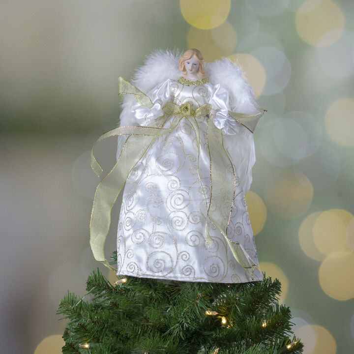 14" Lighted White and Gold Angel in a Dress Christmas Tree Topper - Warm White Lights