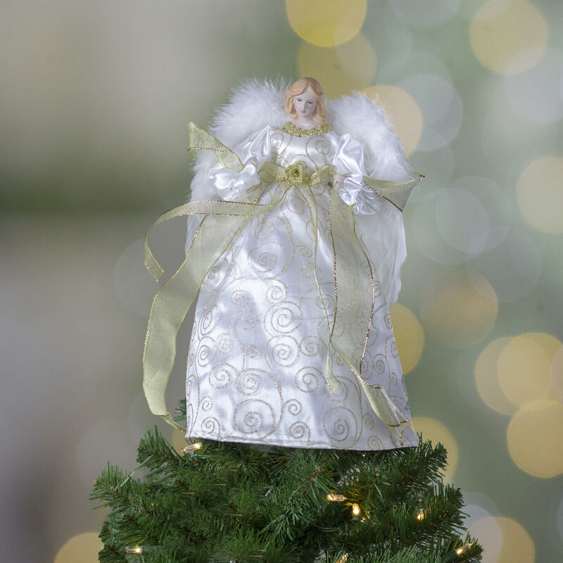 14" Lighted White and Gold Angel in a Dress Christmas Tree Topper - Warm White Lights image number 1