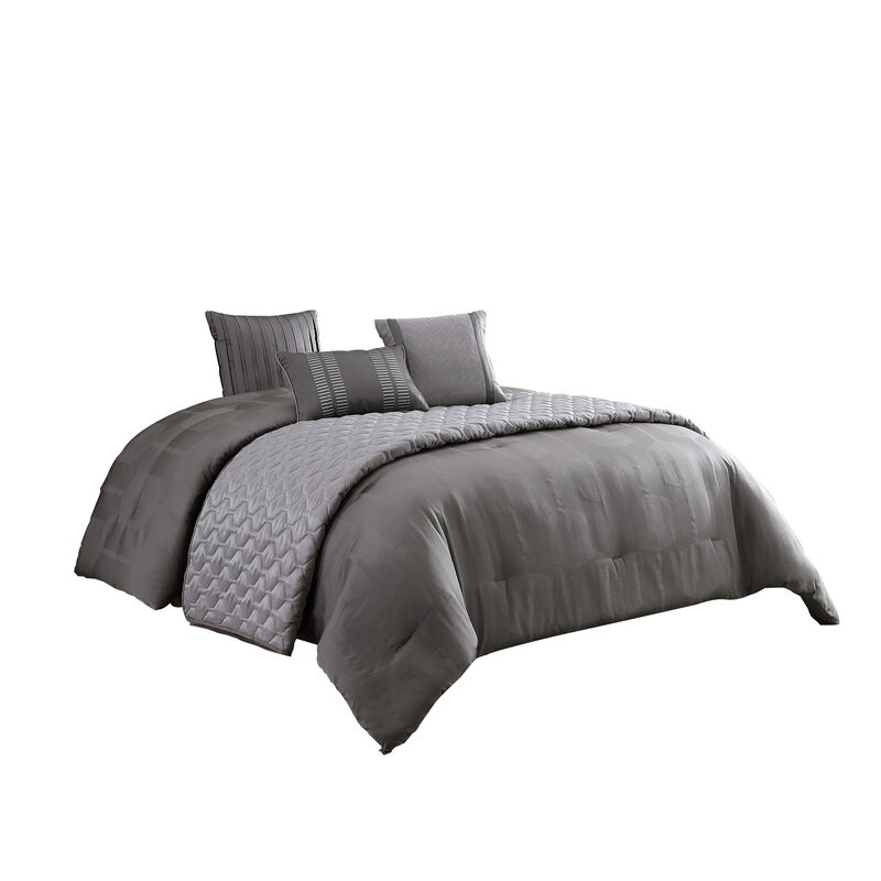 10 Piece Queen Polyester Comforter Set with Geometric Print, Gray - Benzara