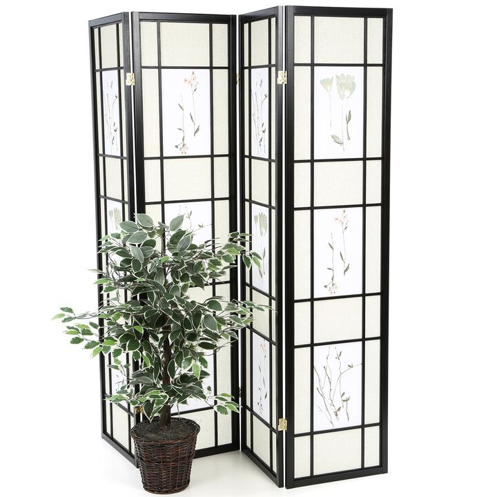 4-Panel Shoji Room Divider Screen Asian Floral Print Folding Privacy Partition