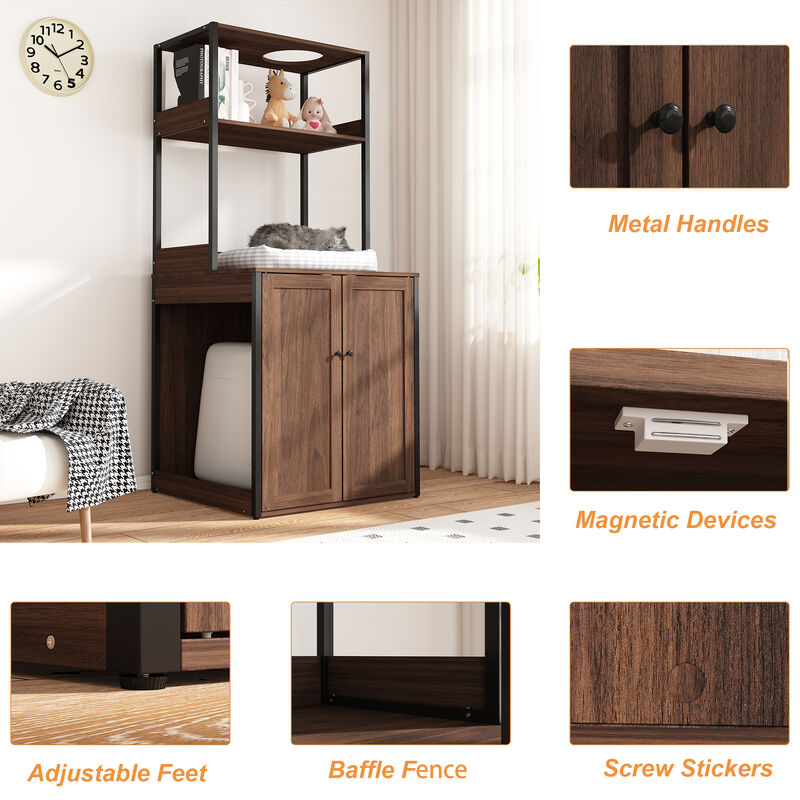 Large Cat Litter Box Enclosure Furniture with Shelves, Cat Washroom Furniture Cat House for Smart Litter Box, in walnut image number 7