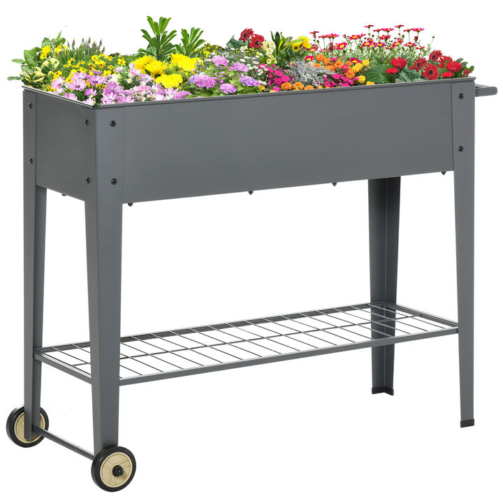 Outdoor Elevated Plant Bed w/ Drainage Hole & Bottom Shelving for Tools, Grey