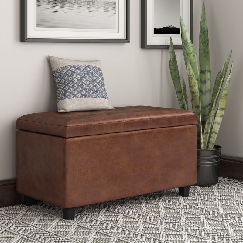 Cosmopolitan 34 inch Wide Transitional Rectangle Storage Ottoman in Distressed Saddle Brown Vegan Faux Leather, Assembled