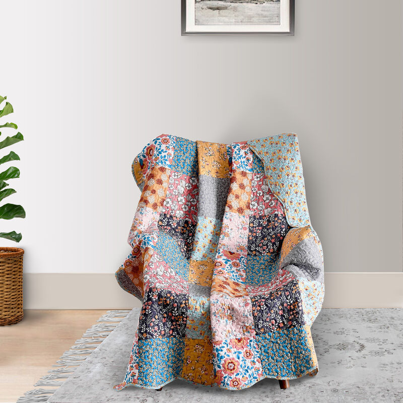 Turin 60 Inch Throw Blanket, Microfiber, Patchwork Floral Print, Multicolor - Benzara