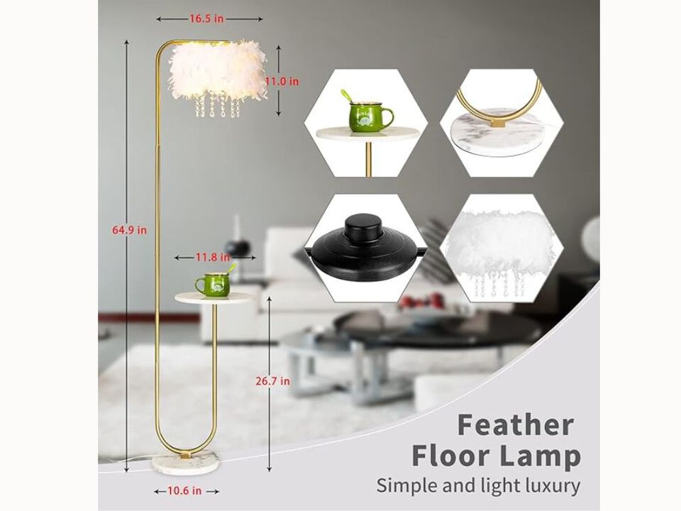 Ostrich Feather Arc Floor Lamp – Brass Finish, Marble Tray, Foot Switch, 64" Tall