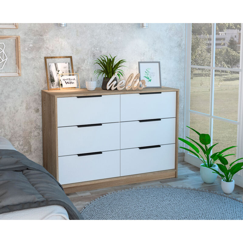 Longhill 6-Drawer Rectangle Dresser Pine and White