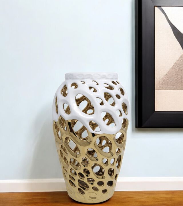 HomeRoots 13" Gold And White Pierced Urn Porcelain Table Vase With Sculptural Details