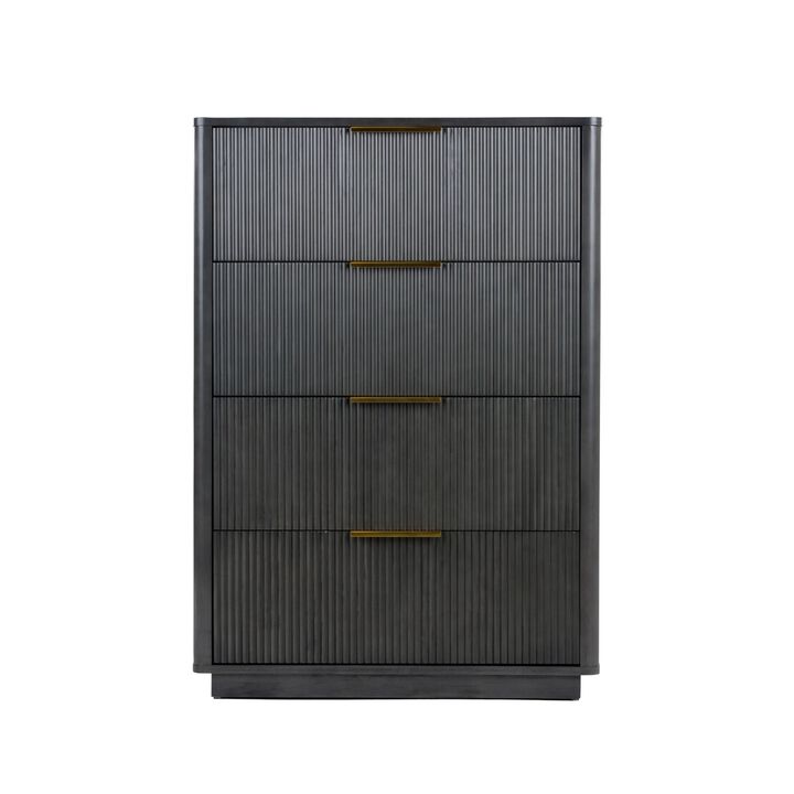 Noe Celia Tall Dresser Chest, 4 Drawers, Retro Luxe Gray Solid Wood - Benzara