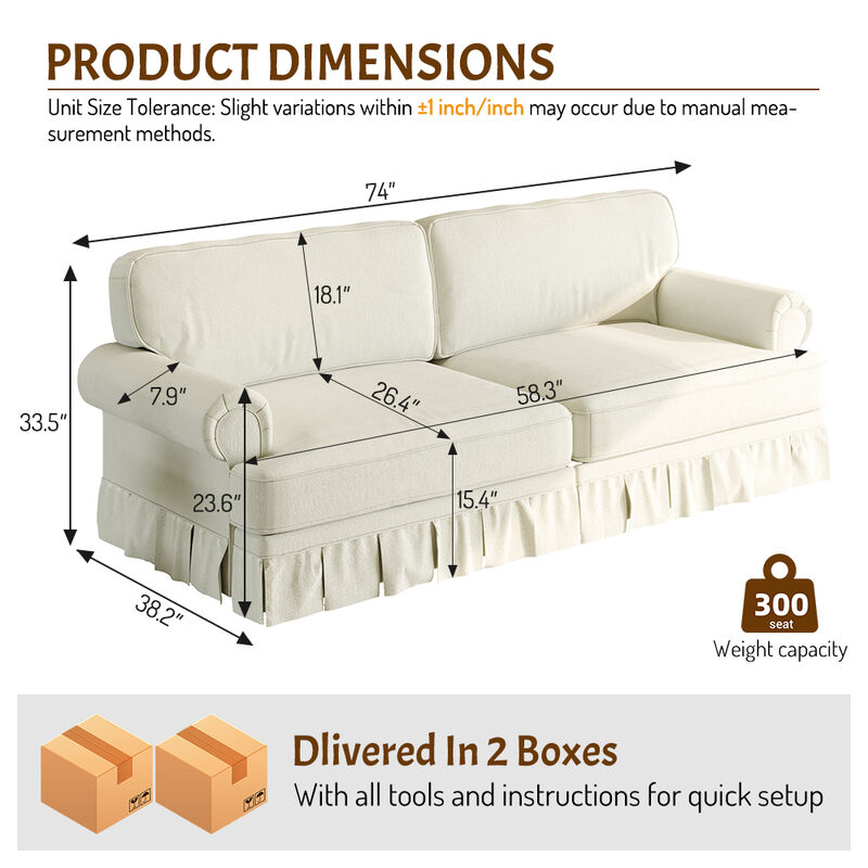 Whisen Mid-Century Sofa, Oxford Fabric Cloud Couch with Elegant Rolled Arms and Pleated Skirt Design