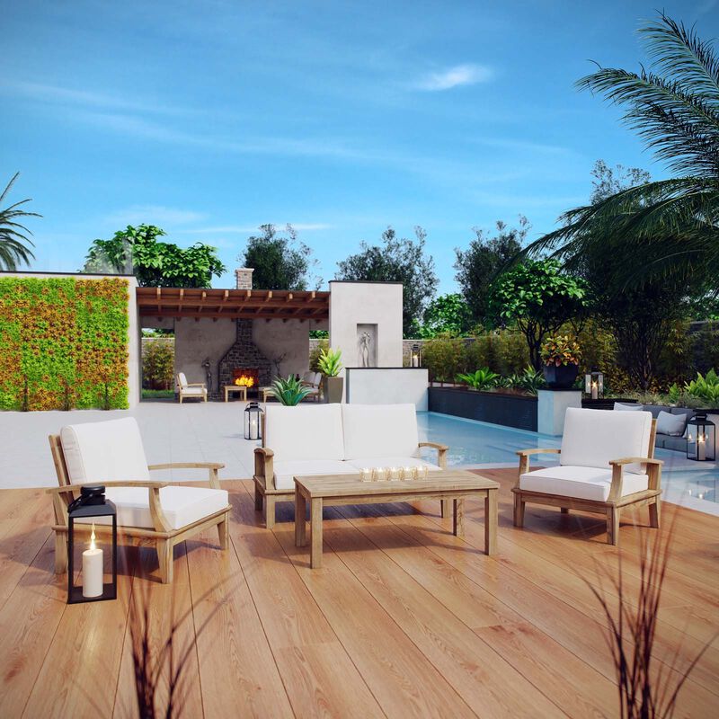 East End Imports EEI-1469-NAT-WHI-SET Marina 4 Piece Outdoor Patio Teak Sofa Set44; Natural White image number 6