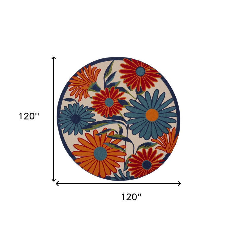 HomeRoots 10' Ivory Blue And Orange Round Floral Indoor Outdoor Area Rug image number 6