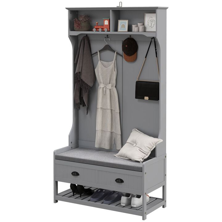 3-in-1 Hall Tree, Entryway Bench with Coat Rack, Mudroom Bench with Shoe Rack, 2 Storage Drawers, 4 Hooks and Cushions for Hallway, Gray
