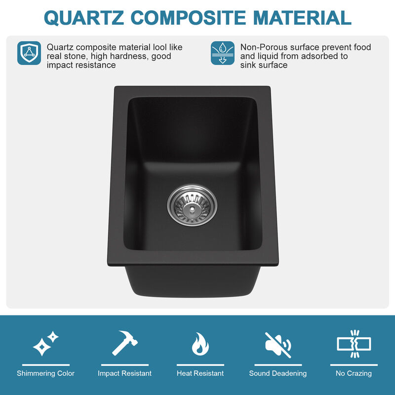 12 in. Black Quartz Composite Undermount Kitchen Sink Single Bowl Prep Bar Basin Round Corner with Bottom Grid image number 6