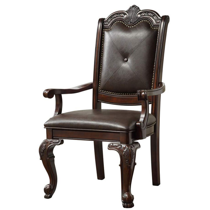 Crowned Top Wooden Side Chair with Leatherette Seating, Set of 2, Dark Brown-Benzara