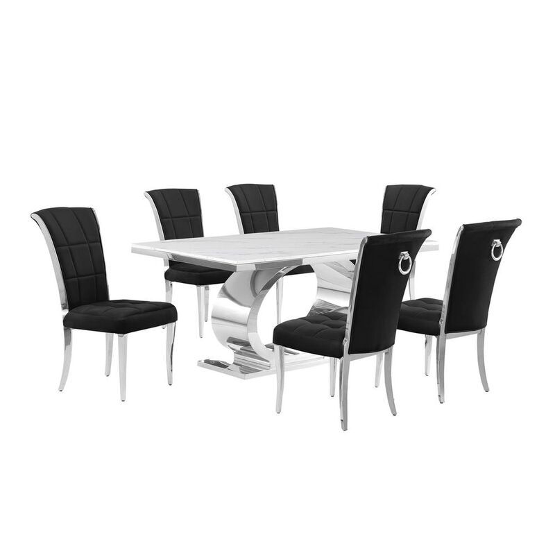 7pc Small(68") marble top dining set with silver base and 6 Black side chairs