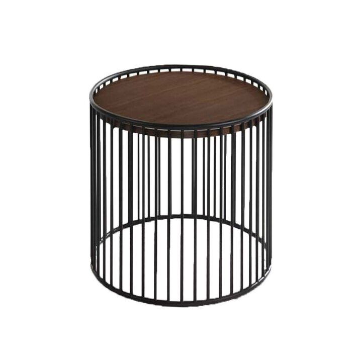 Circular Cage Shaped Metal Frame End Table with Wood Top, Brown and Black-Benzara