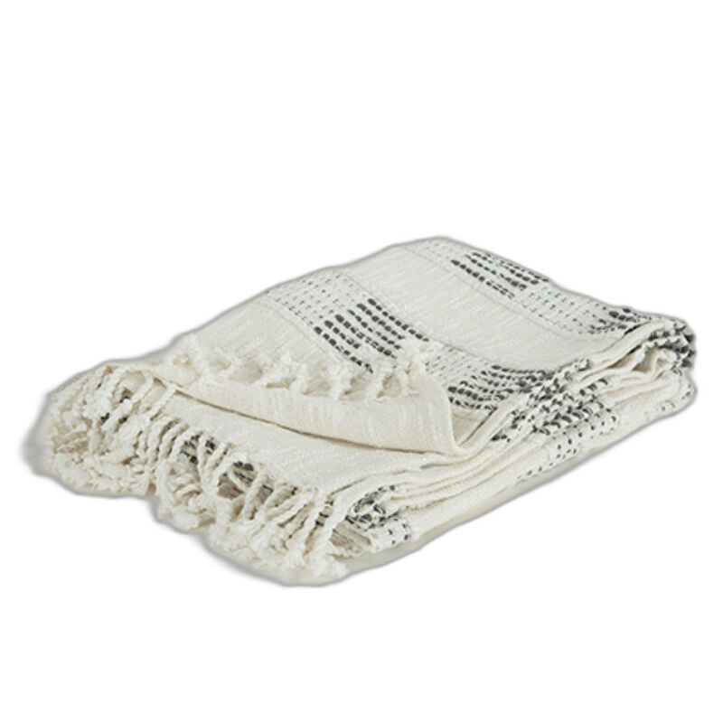 HomeRoots Beige and Gray Woven Cotton Throw Blanket with Fringe image number 0