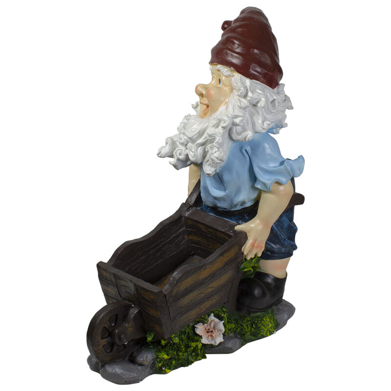 20" Blue and Brown Wheelbarrow Gnome Outdoor Garden Statue image number 2