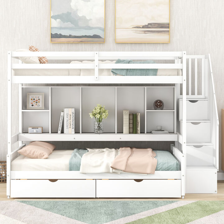Twin XL over Full Bunk Bed with Built-in Storage Shelves, Drawers and Staircase, White