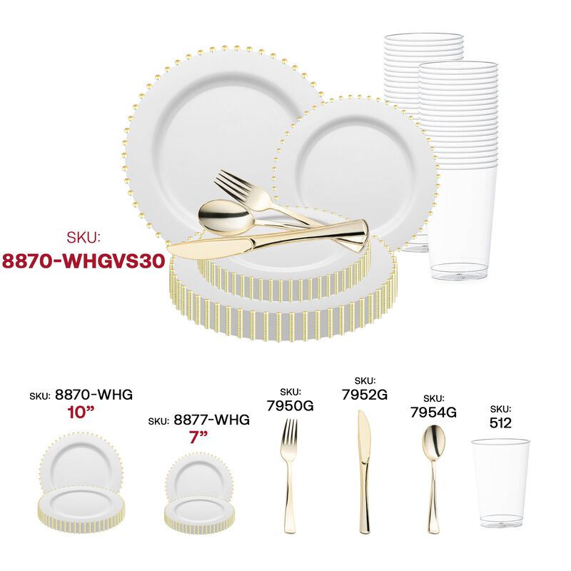 White with Gold Pearl String Round Plastic Wedding Value Set (120 Sets) image number 5
