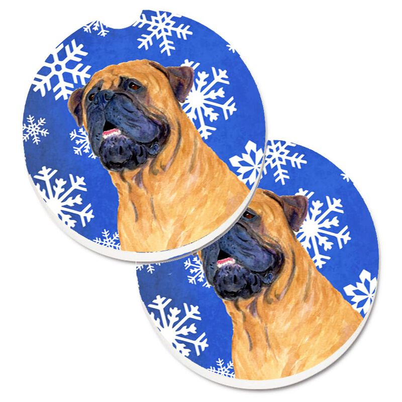 Caroline's Treasures Mastiff Winter Snowflakes Holiday Set of 2 Cup Holder Car Coasters SS4658CARC, 2.56, Multicolor image number 0