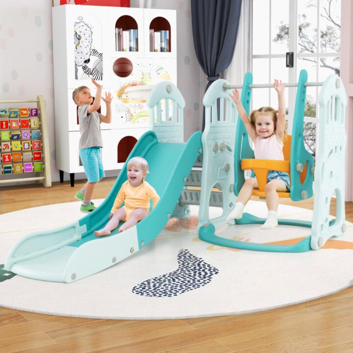 Hivvago Toddler Slide and Swing Set  with Extra-long Slide Height Adjustable Swing Basketball Hoop and Climber