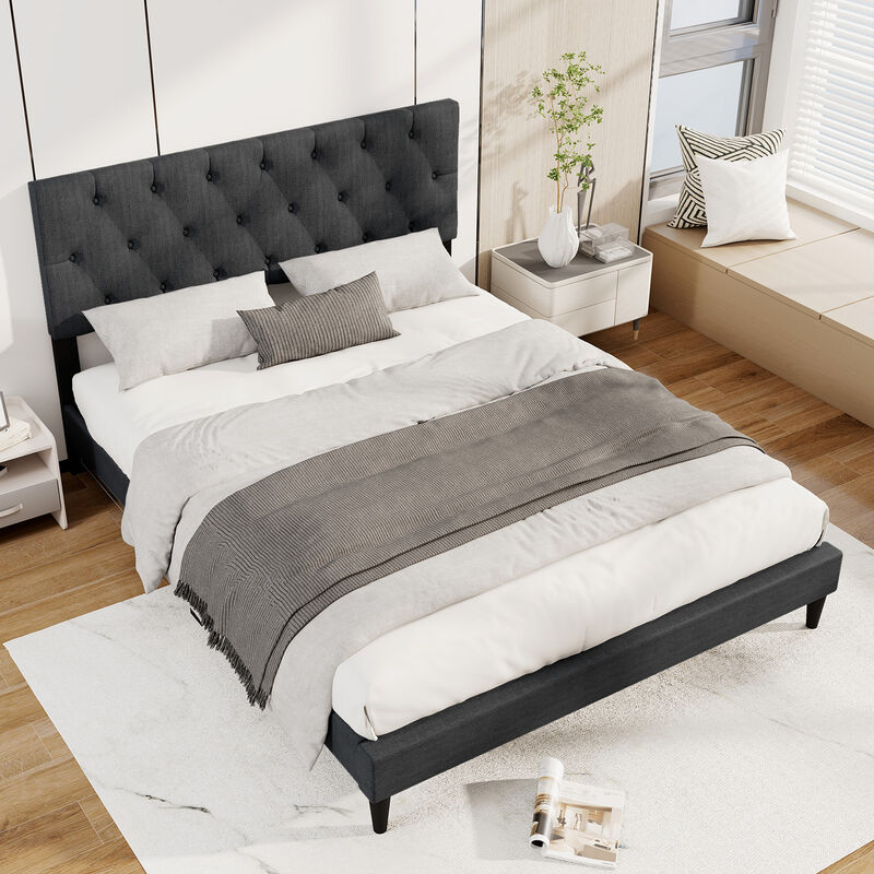 Upholstered Platform Bed with Tufted Headboard and Sturdy Wooden Slats
