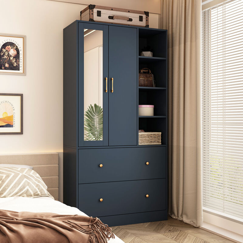Blue Wood 35.5 in. W Armoires Wardrobe With Mirror, Pulling Hanging Rod, Drawers, Shelves 15.8 in. D x 70.8 in. H
