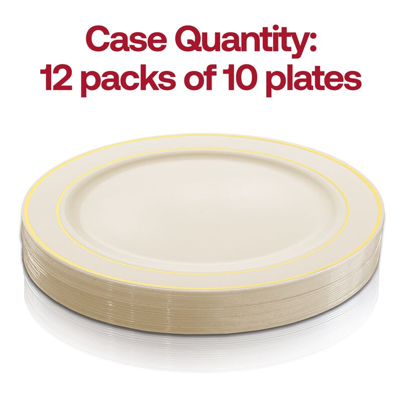 10.25" Ivory with Gold Edge Rim Plastic Dinner Plates (120 Plates) image number 3