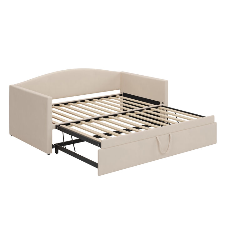 Merax Pop-Up Trundle Daybed with Velvet Upholstery & Padded Armrests