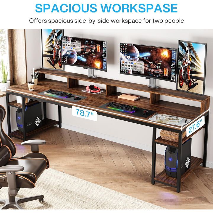 Tribesigns 78.7" Two Person Desk, Large Computer Desk with Monitor Stand and 4 Open Shelves, Double Home Office Desk for Two, Industrial Writing Desk with Storage for Study and Gaming, 350 lb Capacity