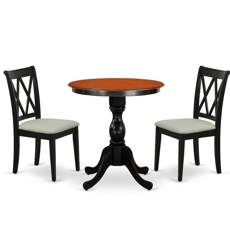 East West Furniture 3-Piece Dining Table Set Include a Dining Table and 2 Linen Fabric Dining Room Chairs with Double X Back - Black Finish