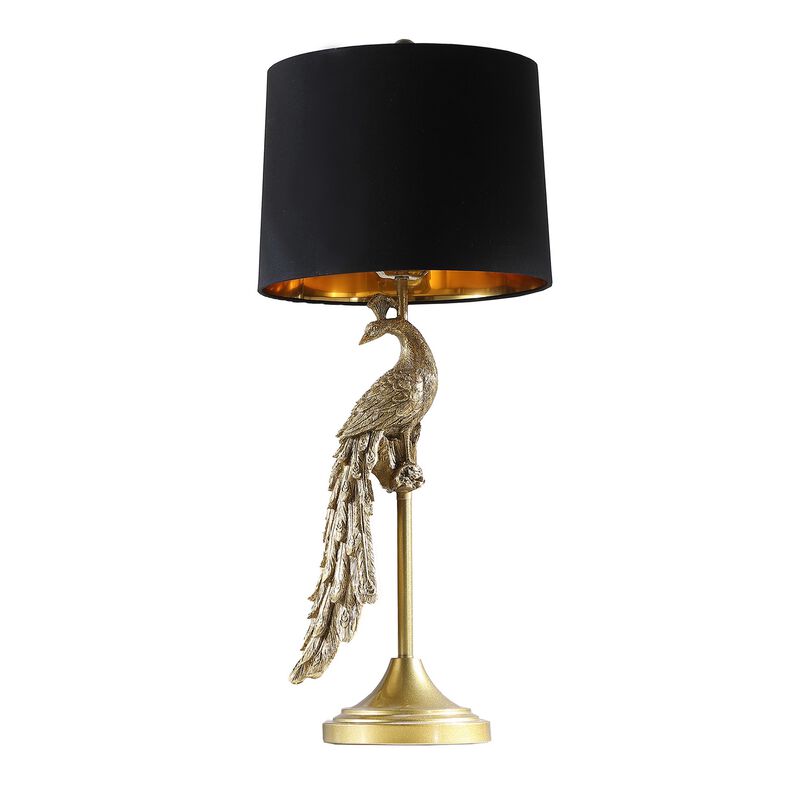 29 Inch Peacock Table Lamp, Gold Polyresin Sculpture, Black Drum Shade - Benzara
