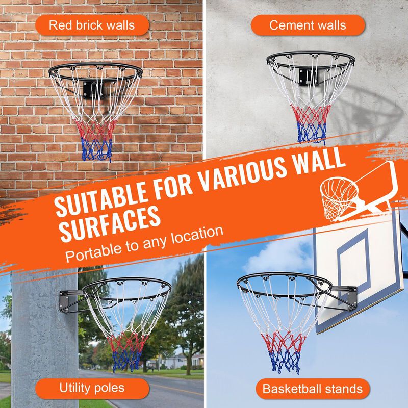 Wall Mounted Basketball Rim with Net, Heavy Duty Double Spring Hoop for Indoor Outdoor Play-Black image number 4