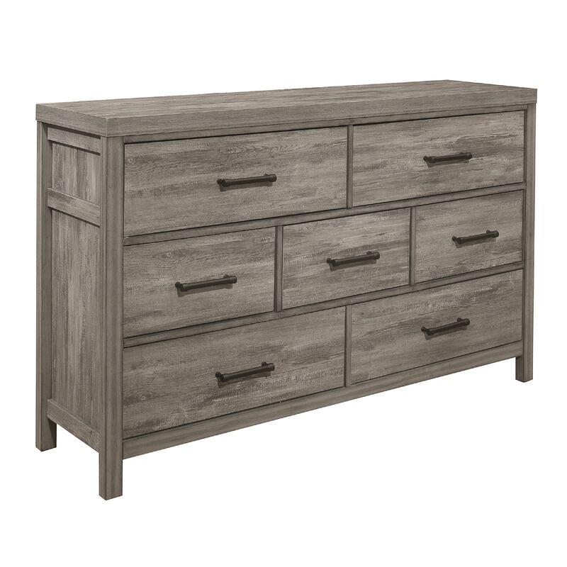 Rie 59 Inch Dresser, 7 Drawers, Weathered Gray Melamine Laminate - Benzara
