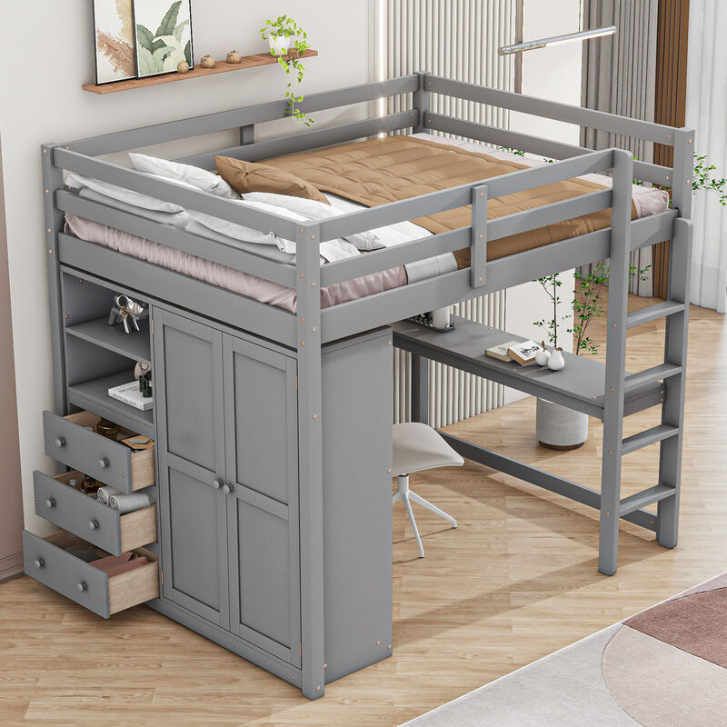 Whisen Wood Full Size Loft Bed with Built-in Wardrobe, Desk, Storage Shelves and Drawers- Grey