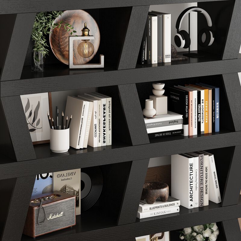 FUFU&GAGA Modern 5-Tier Zigzag Bookcase with Open Shelves (63.8&rdquo; H x 51.2&rdquo; W x 12.2&rdquo; D),Black