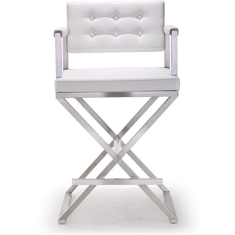Tov Furniture The Director Collection Stainless Steel Metal Leather Upholstered Industrial Modern Counter Stool with Back & Arms, White image number 2