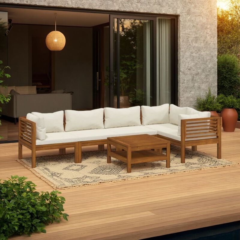 Lave 6pc Outdoor Modular L Sofa Set, Ivory, Brown Wood Coffee Table - Benzara