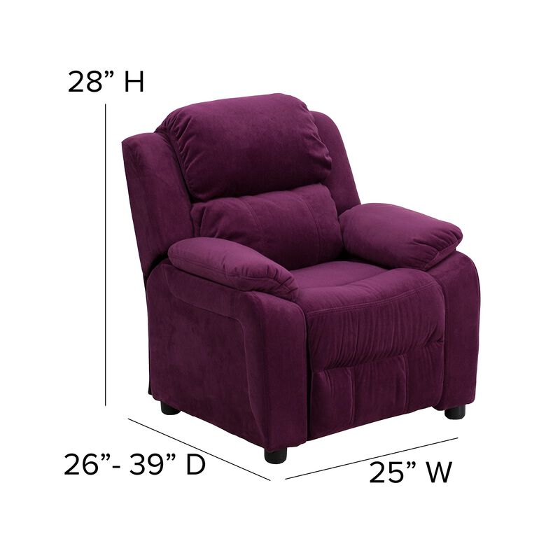 Flash Furniture Charlie Microfiber Kids Recliner with Flip-Up Storage Arms and Safety Recline, Contemporary Reclining Chair for Kids, Supports up to 90 lbs., Purple