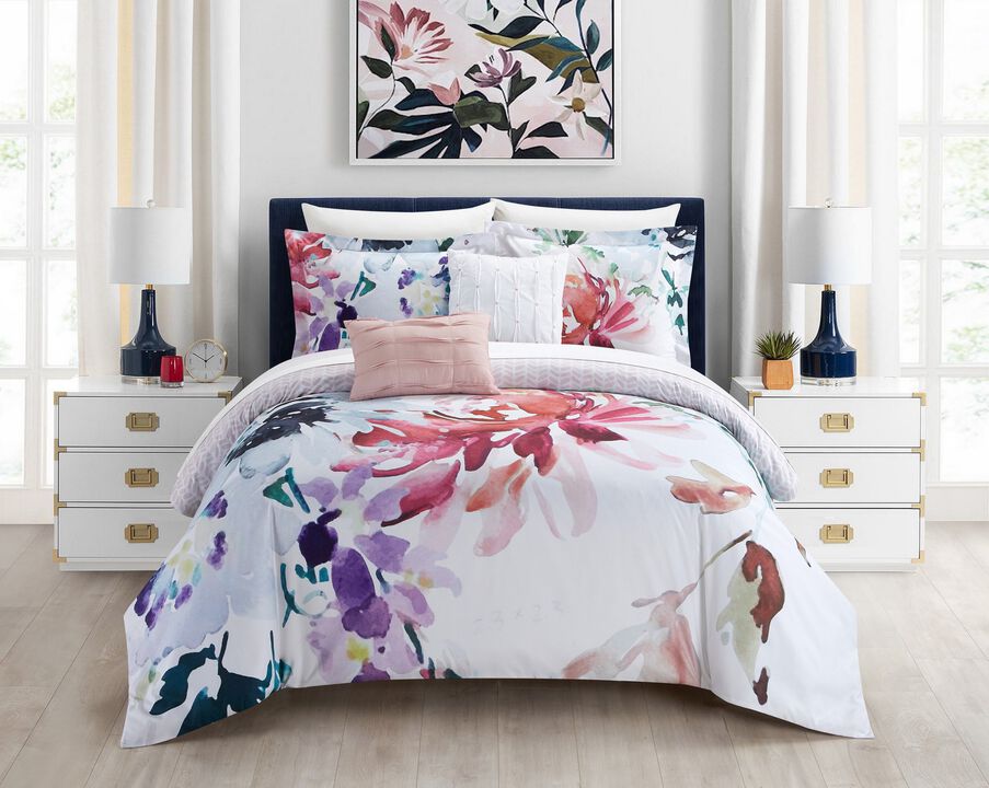 Chic Home Butchart Gardens Reversible Comforter Set Floral Watercolor Design Bed In A Bag Bedding - Sheet Set Decorative Pillows Shams Included - 9 Piece - Queen 90x92", Multi