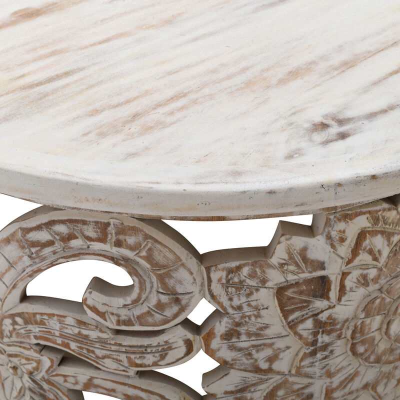 Alina Coffee Table Handcrafted Mango Wood Floral Carved Cut Out Design Distressed White Finish 33 Inch