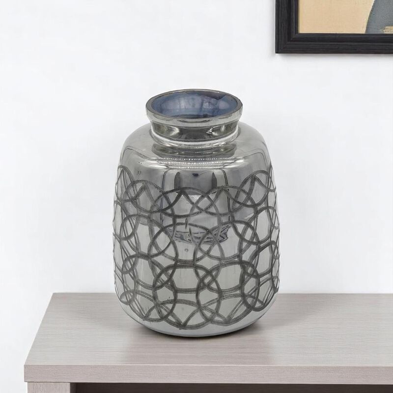 HomeRoots 9" Dark Gray Geometric Etched Glass Table Vase image number 1