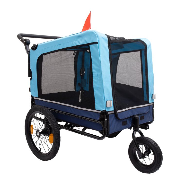 88LB Capacity Blue Pet 2-in-1 Bike Trailer & Push Cart &ndash; All-Terrain Safe Ride