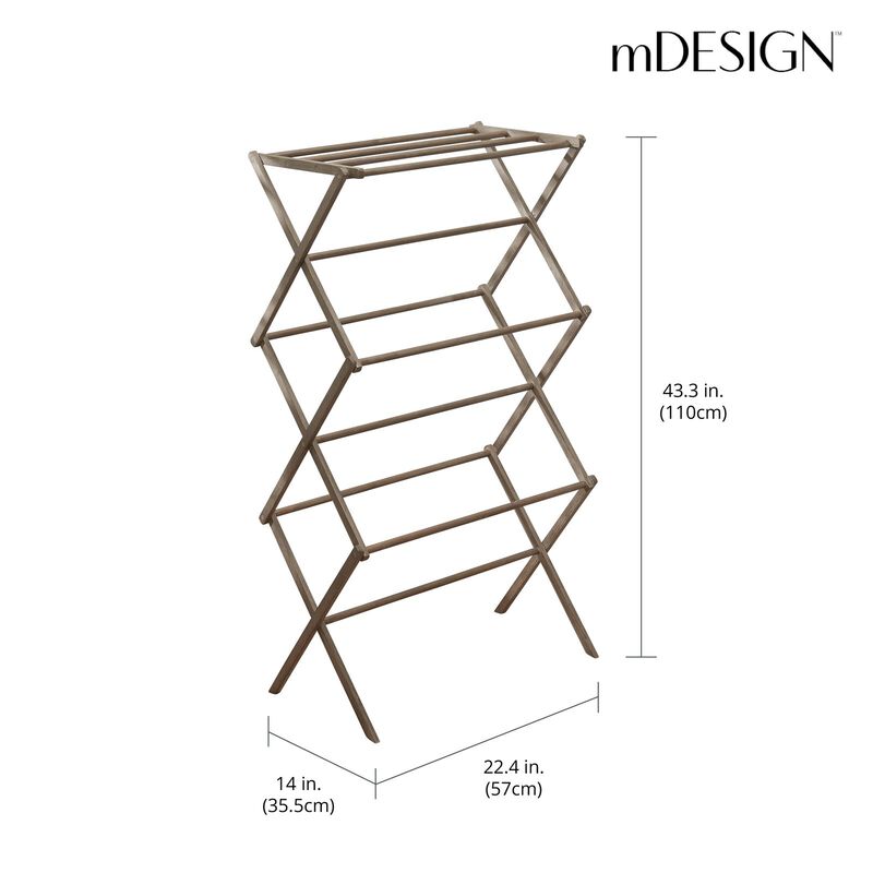 mDesign Bamboo Clothes Drying Rack, Foldable Wooden Laundry Drying Rack, Gray