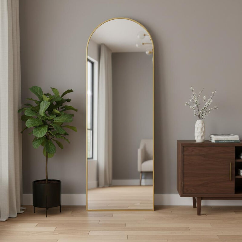 HomeRoots 64" Gold Metal Arch Freestanding Framed Standing Mirror image number 1